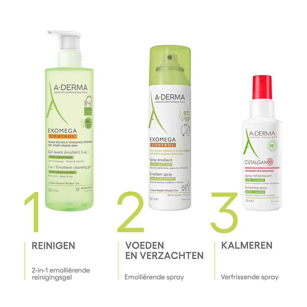 A-DERMA EXOMEGA CONTROL spray. Achterkant met tekst en illustraties. Groene dop. Droge huid, atopisch eczeem.