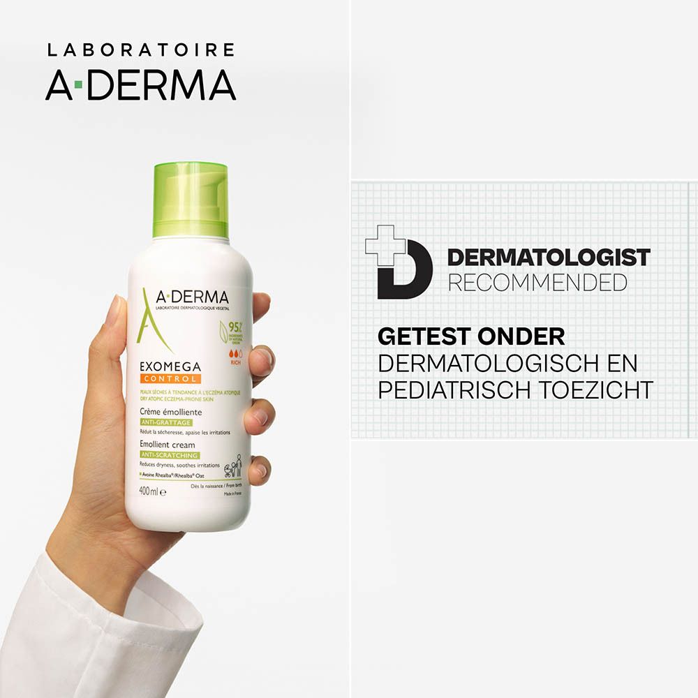 A-DERMA EXOMEGA CONTROL fles. Tekst: Dermatologisch aanbevolen.