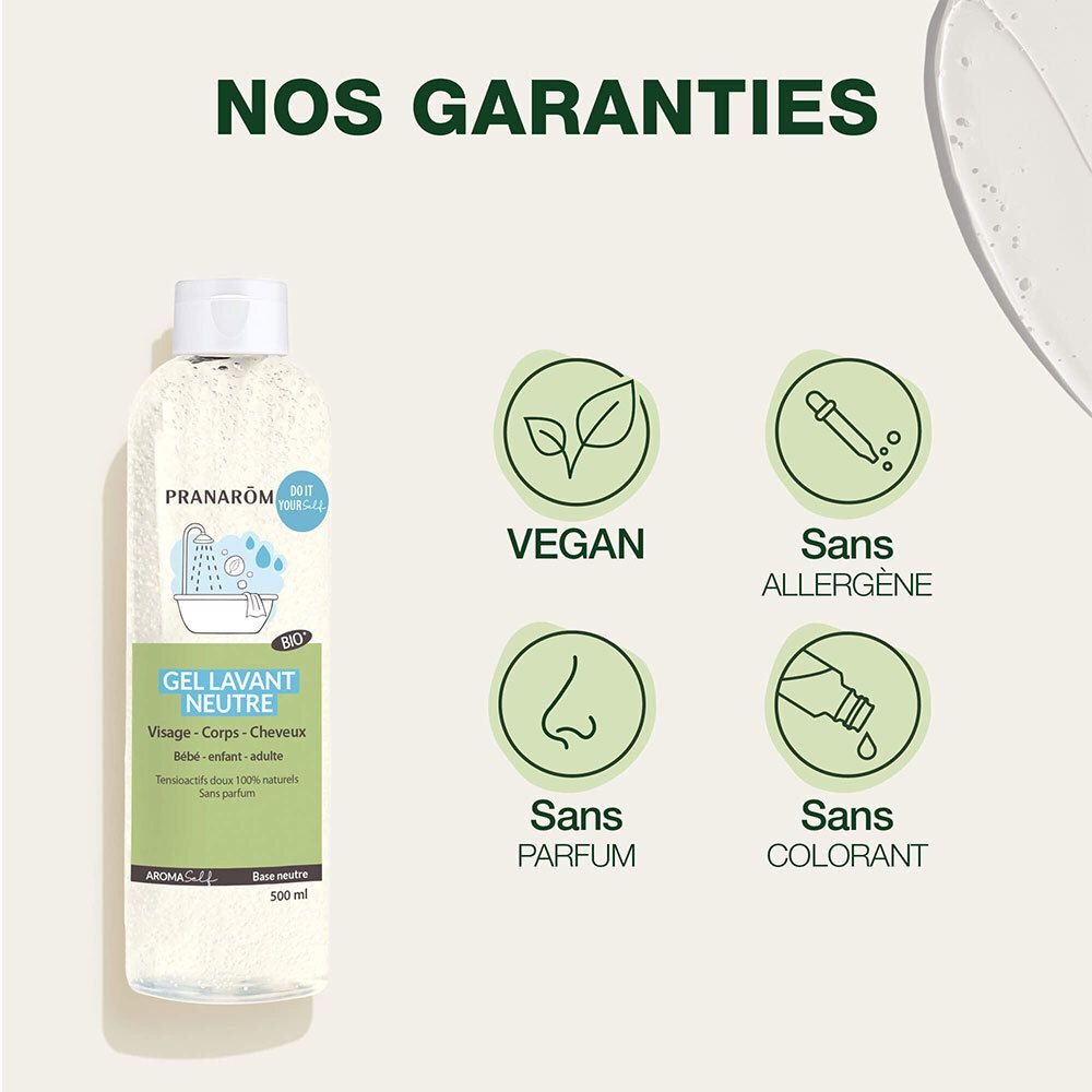 AROMASELF Gel lavant neutre BIO. Vegan, sans allergène, sans parfum, sans colorant.