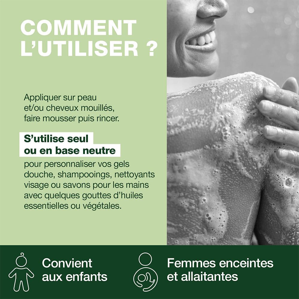 Utilisation : Appliquer sur peau/cheveux mouillés, faire mousser et rincer. Convient aux enfants et femmes enceintes.