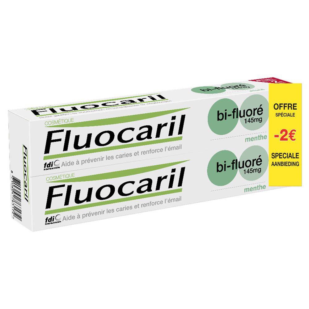 Verpakking met twee tubes Fluocaril bi-fluoré 145mg, menthe. Met gele promotie-etiket.