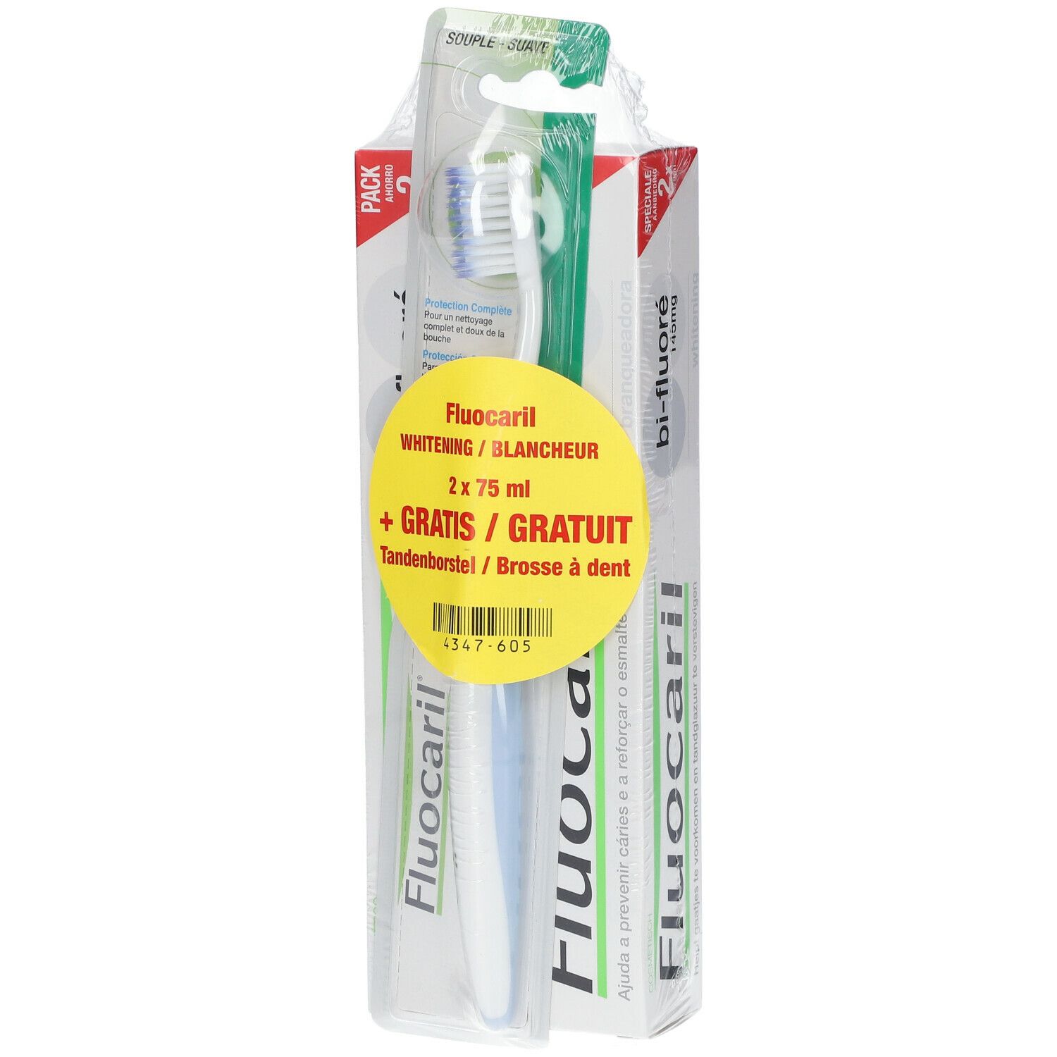 Fluocaril Dentifrice Blancheur Bi-Fluoré 145mg DUO + Brosse à Dents GRATUIT