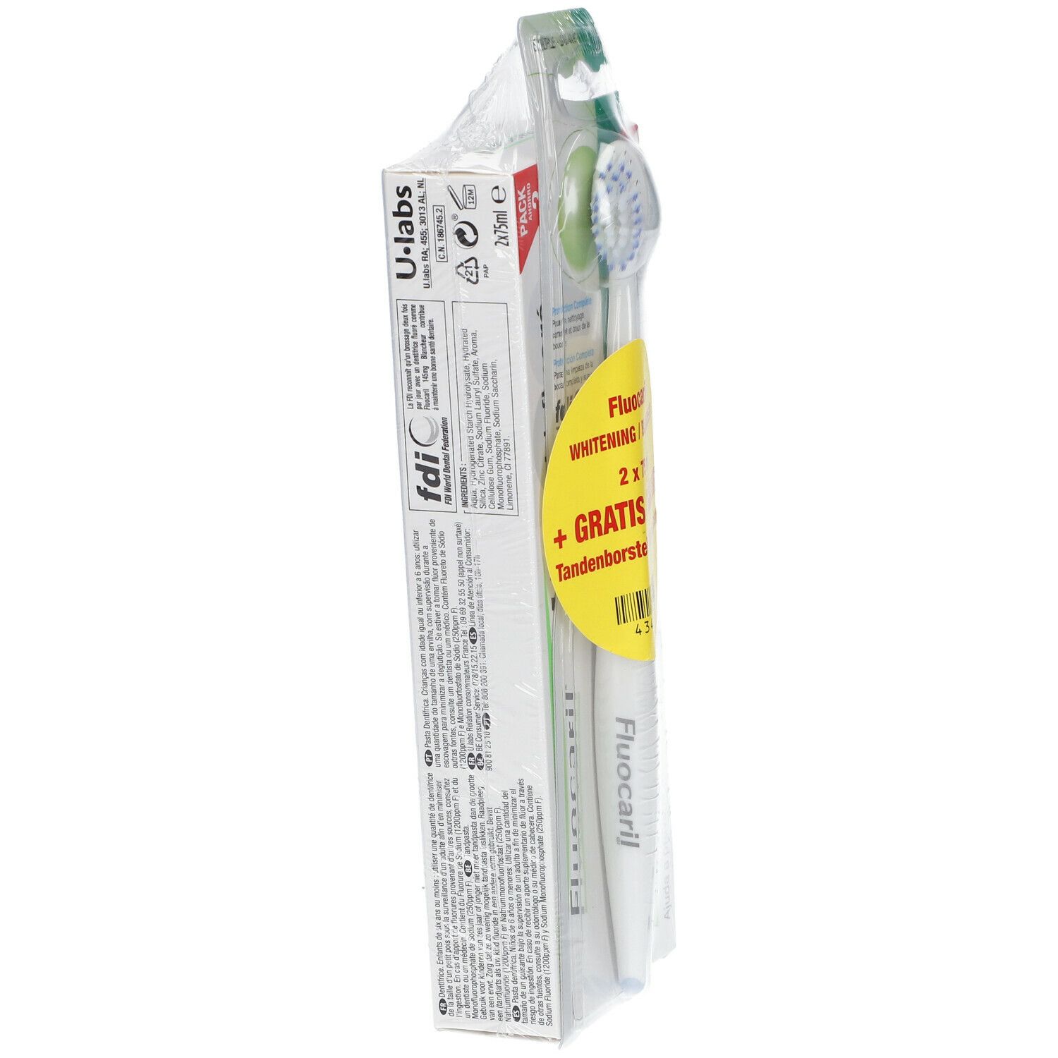 Fluocaril Dentifrice Blancheur Bi-Fluoré 145mg DUO + Brosse à Dents GRATUIT