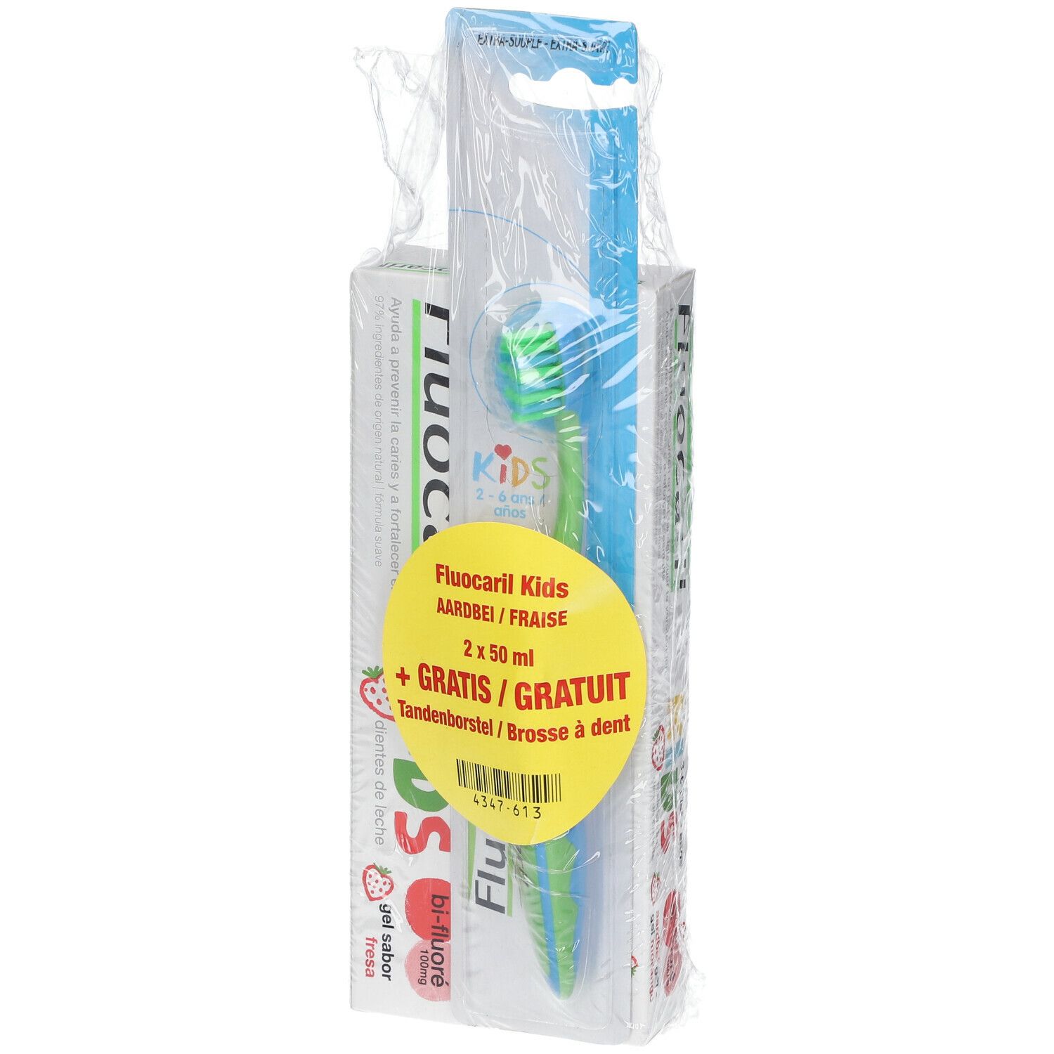 Emballage avec dentifrice et brosse à dents. Autocollant jaune avec nom du produit et "GRATUIT".