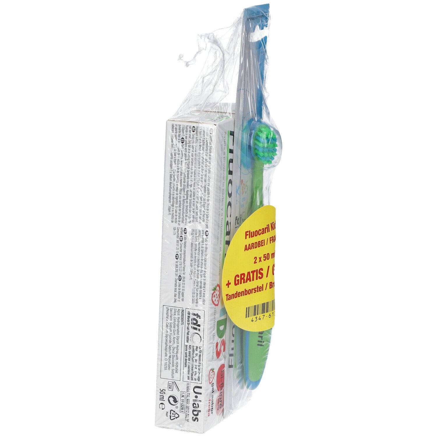 Emballage avec dentifrice et brosse à dents. Nom du produit et "GRATUIT" sur autocollant jaune.