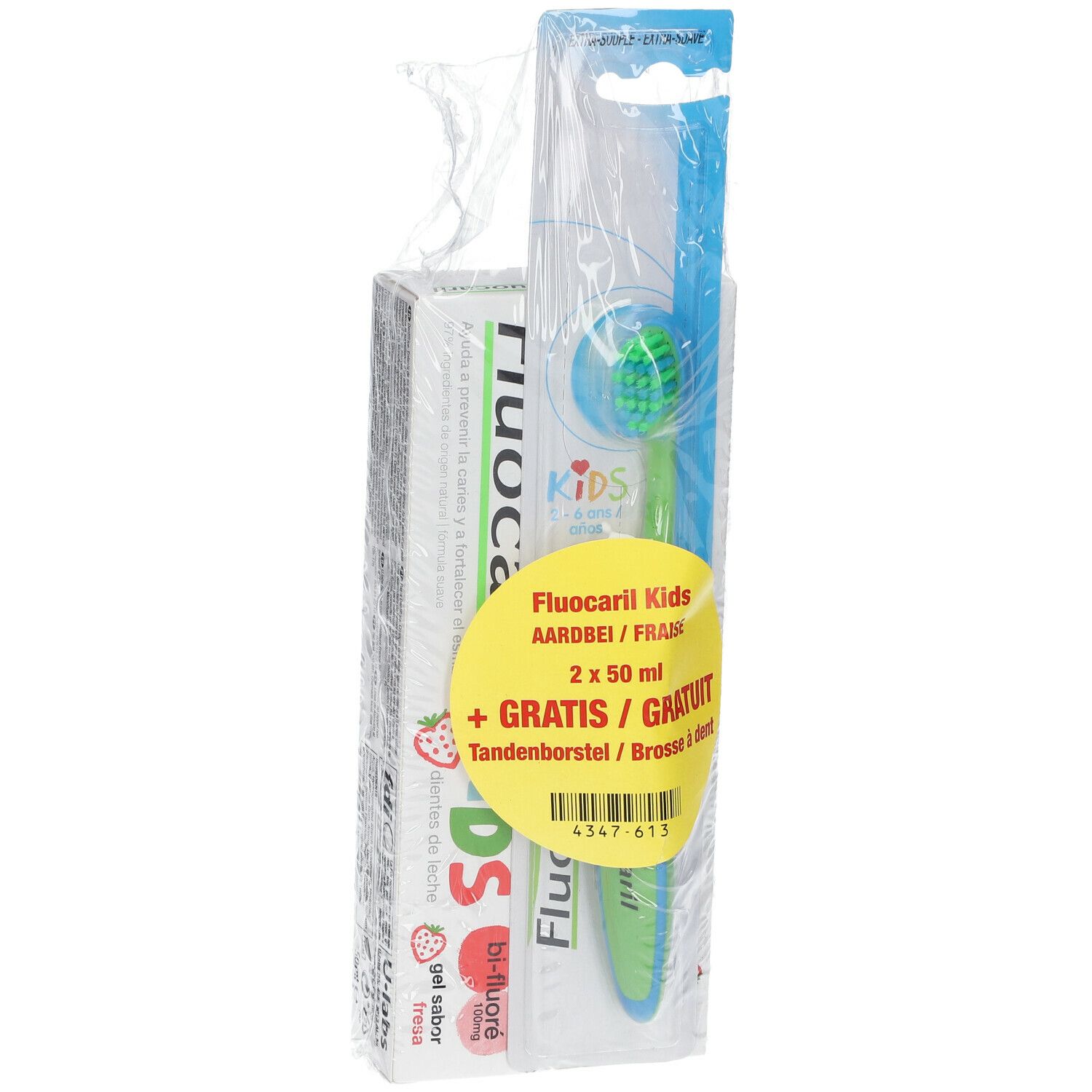 Emballage avec dentifrice et brosse à dents. Autocollant jaune avec nom du produit et "GRATUIT".