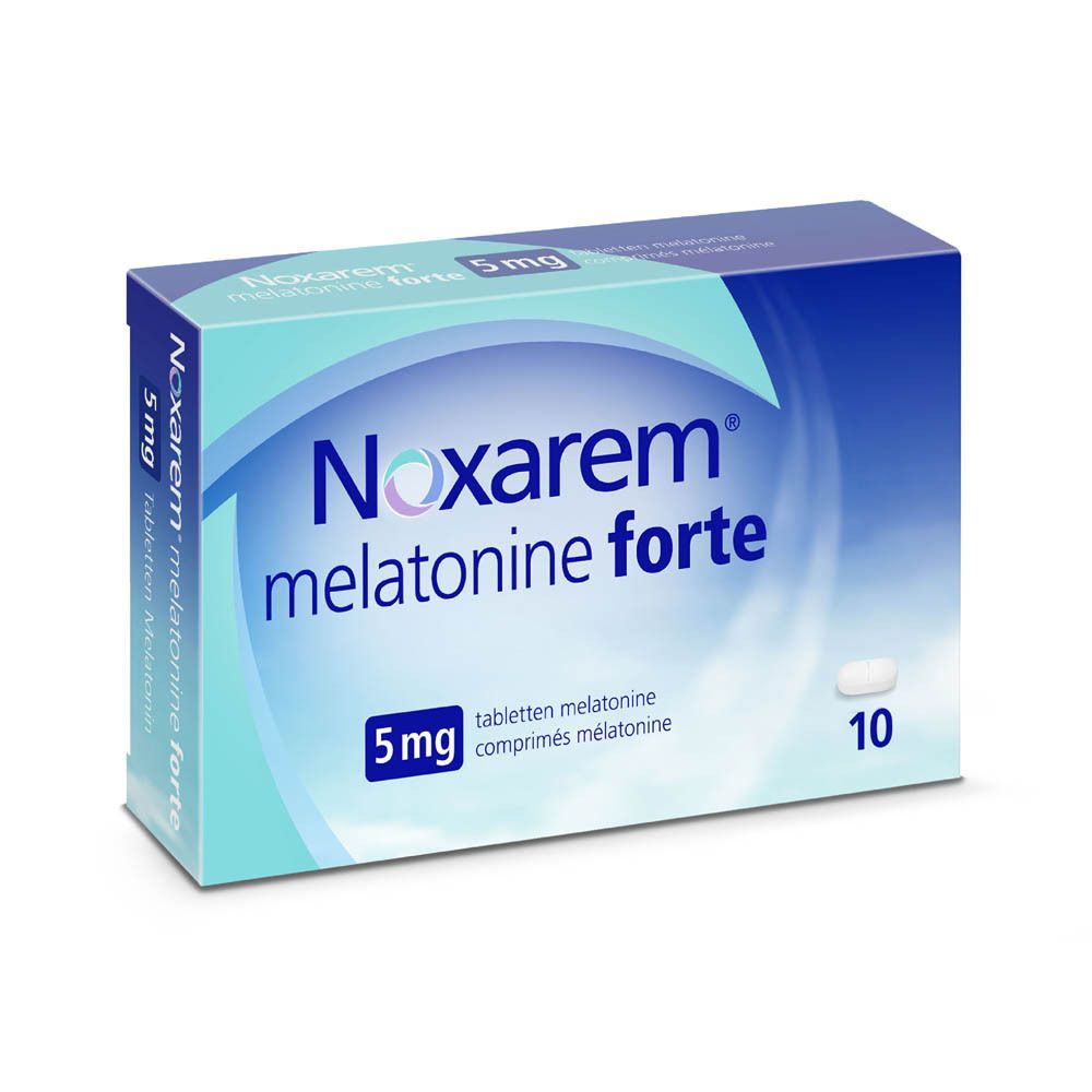 Doos Noxarem Melatonine Forte 5mg. 10 tabletten. Blauw en witte verpakking.