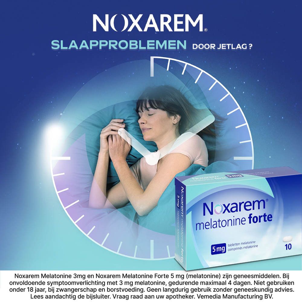 Doos Noxarem Melatonine Forte 5mg. 10 tabletten. Blauw en witte verpakking.