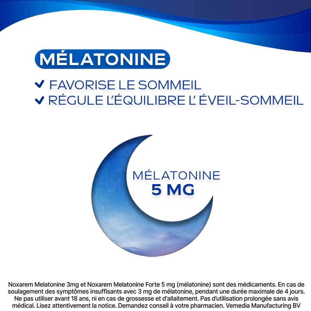 Boîte de Noxarem Melatonine Forte 5mg. 10 comprimés. Emballage bleu et blanc.