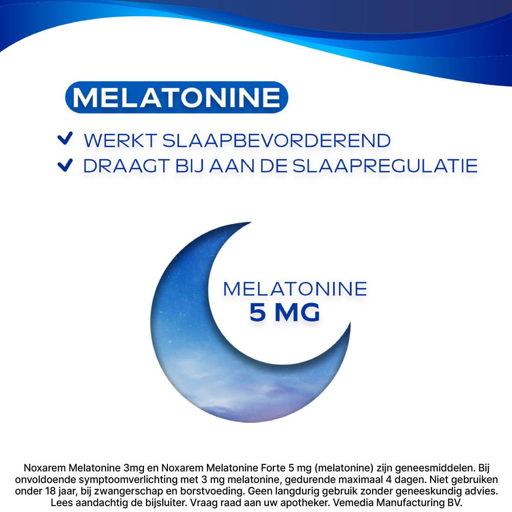 Doos Noxarem Melatonine Forte 5mg. 10 tabletten. Blauw en witte verpakking.