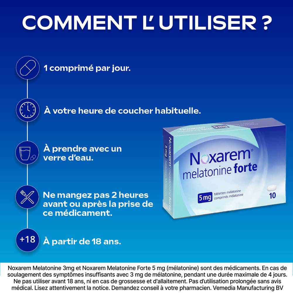 Texte sur l'emballage de Noxarem Melatonine Forte. Informations sur la posologie et l'utilisation.