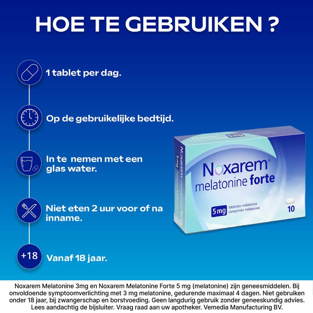 Tekst op de verpakking van Noxarem Melatonine Forte. Informatie over dosering en gebruik.