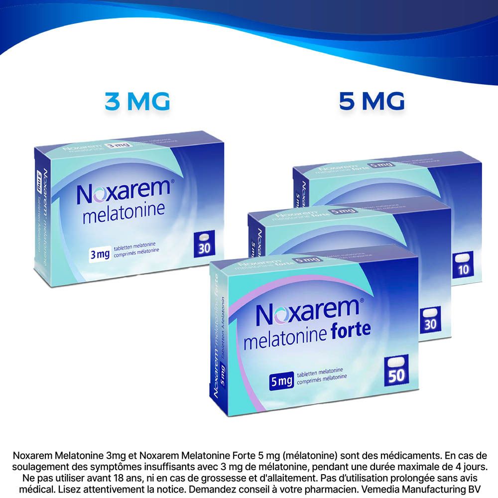 Dos de l'emballage de Noxarem Melatonine Forte. Texte et informations.