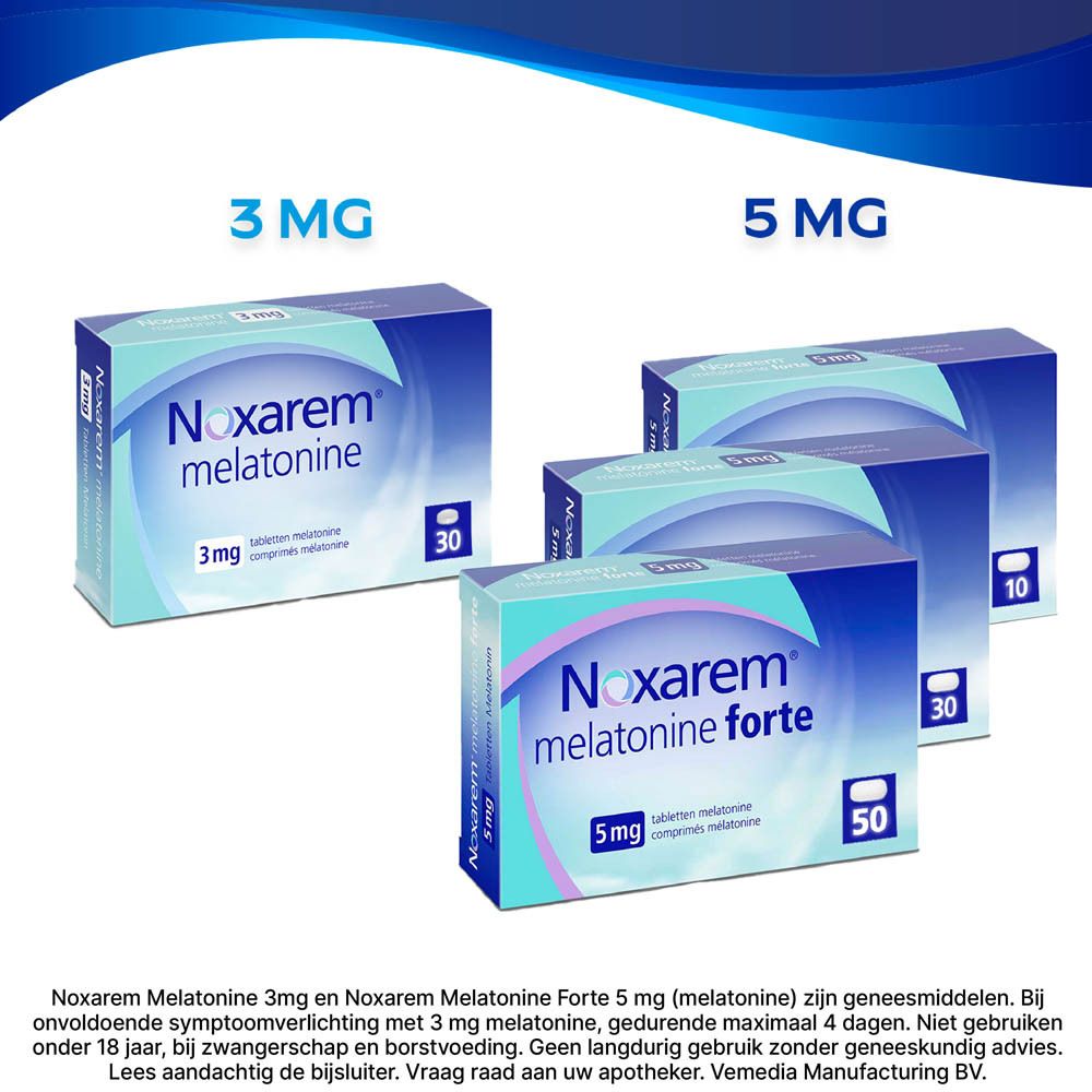 Achterkant van de verpakking van Noxarem Melatonine Forte. Tekst en informatie.