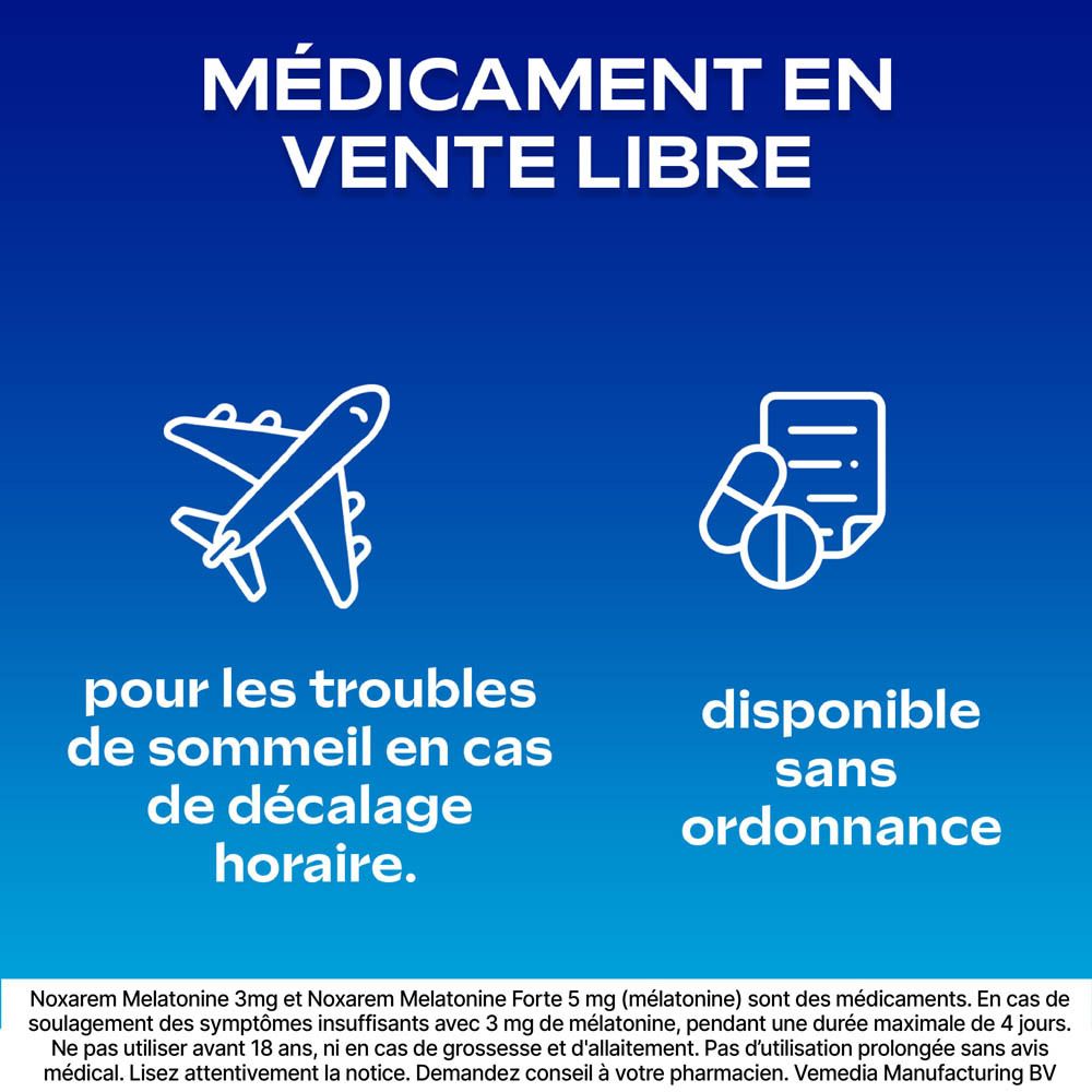 Boîte de Noxarem Melatonine Forte 5mg. 10 comprimés. Emballage bleu et blanc.