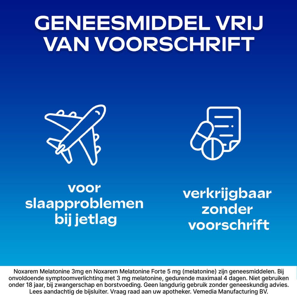 Doos Noxarem Melatonine Forte 5mg. 10 tabletten. Blauw en witte verpakking.