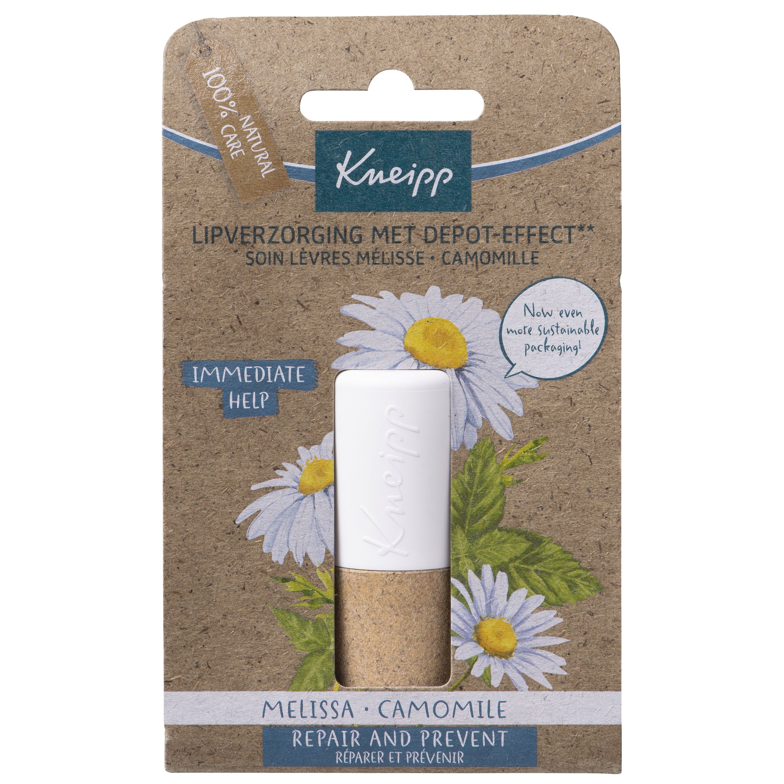 Lipverzorgingsstick, wit met bruine basis. Opschrift Kneipp. Kamillebloemen en bladeren op verpakking.