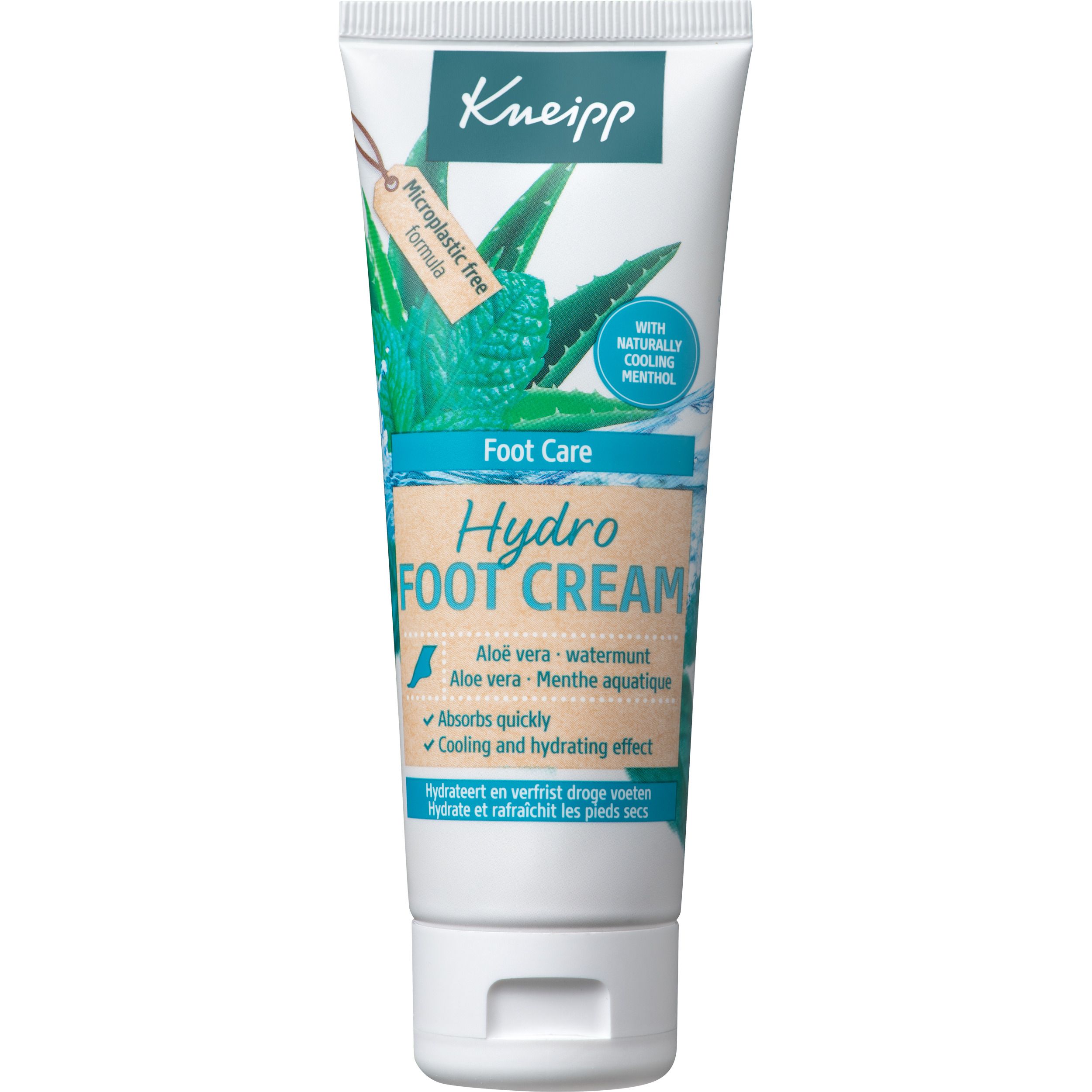 Kneipp Hydro Voetcrème tube. Achterkant met ingrediënten, Vegan-label. 75ml.