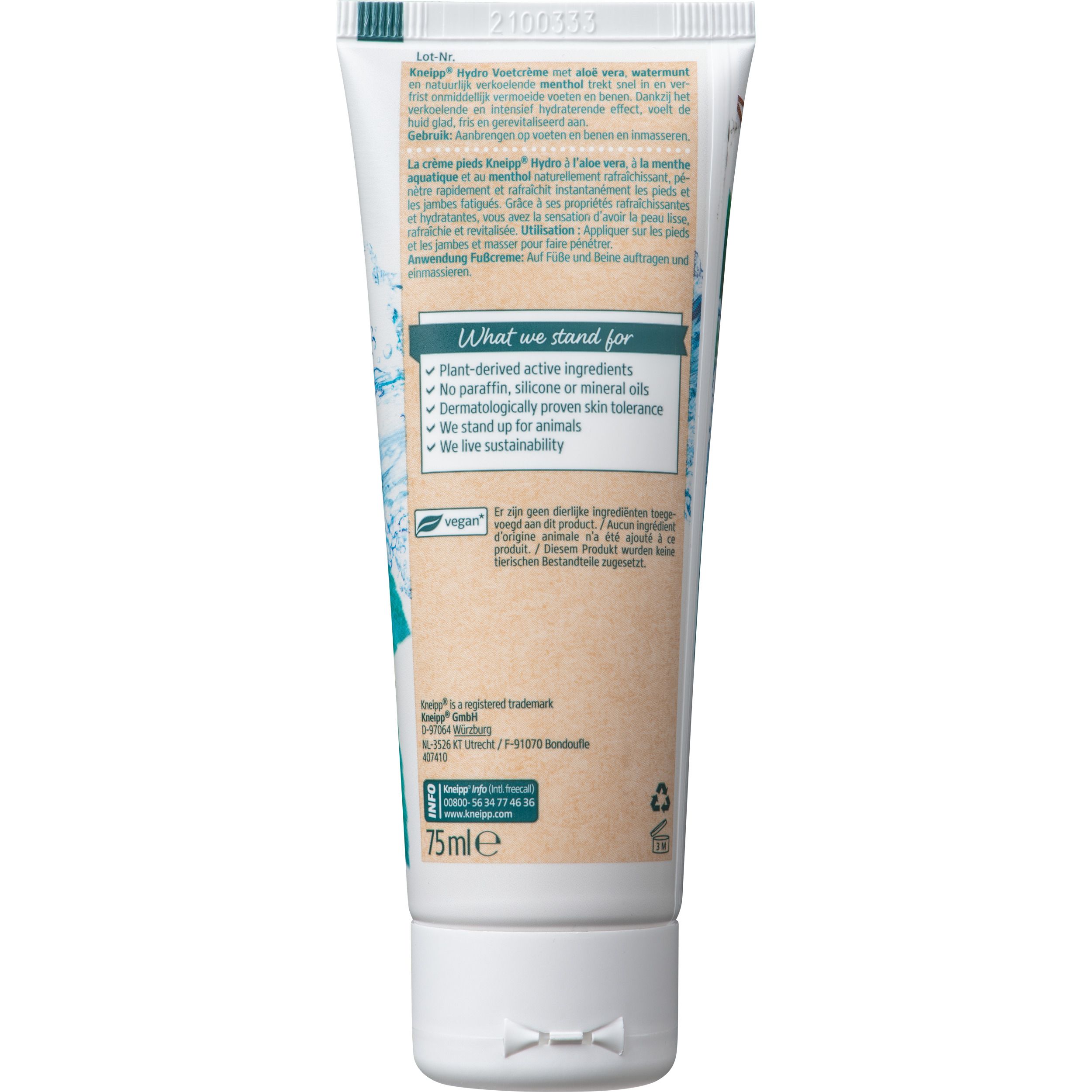 Crème pour les pieds Kneipp Hydro. Emballage avec aloe vera et menthe aquatique. Vegan.