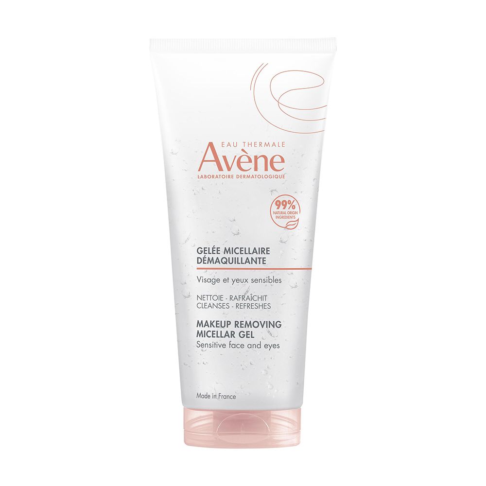 Tube de Gelée Micellaire Démaquillante Avène avec bouchon rose. 99% d'ingrédients d'origine naturelle.
