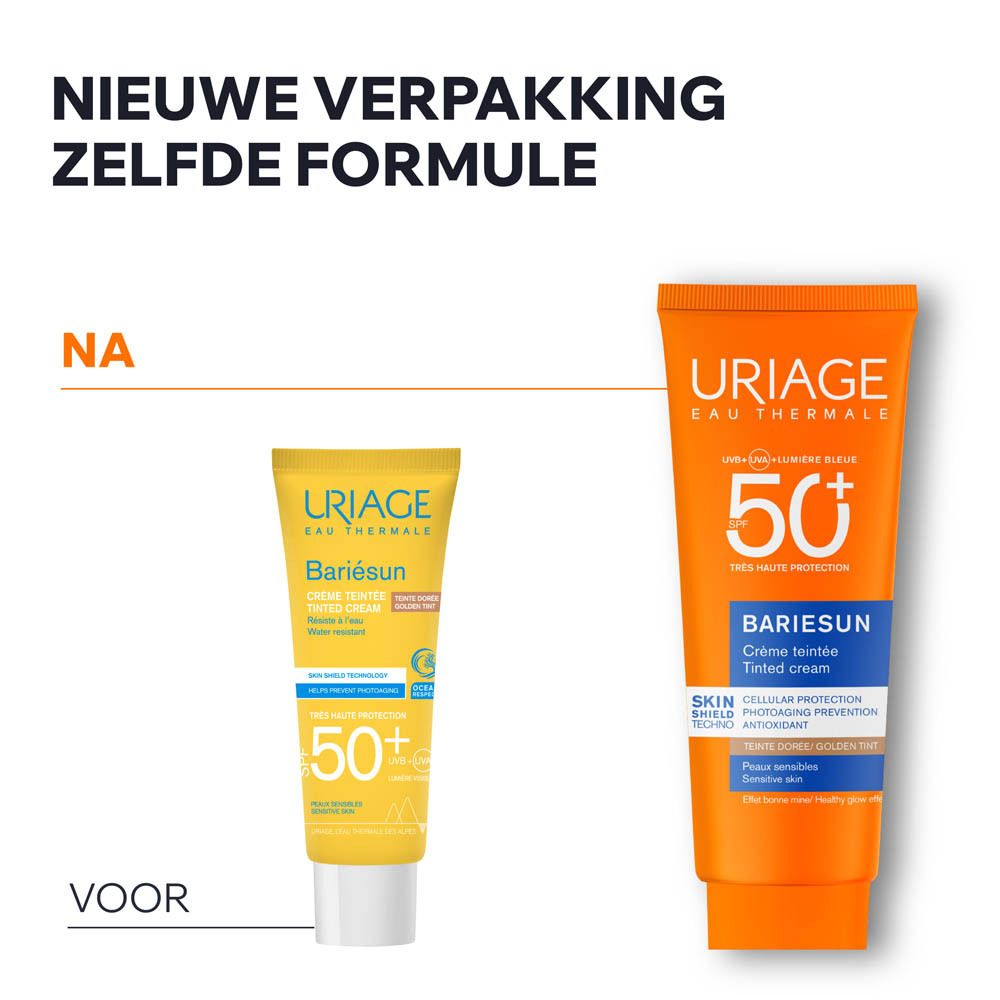 Vergelijking van verpakkingen. Nieuwe en oude Uriage Bariésun tube.