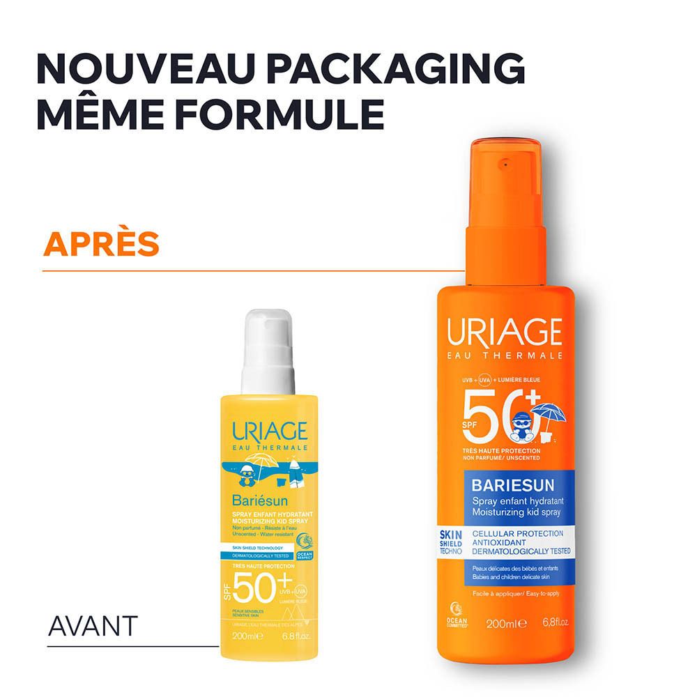 Flacon spray orange avec texte blanc. Contient un écran solaire pour enfants, SPF 50+.