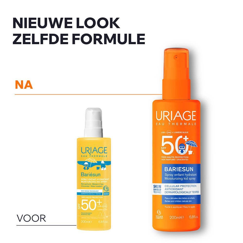 Oranje sprayfles met witte tekst. Bevat zonnebrandcrème voor kinderen met SPF 50+.