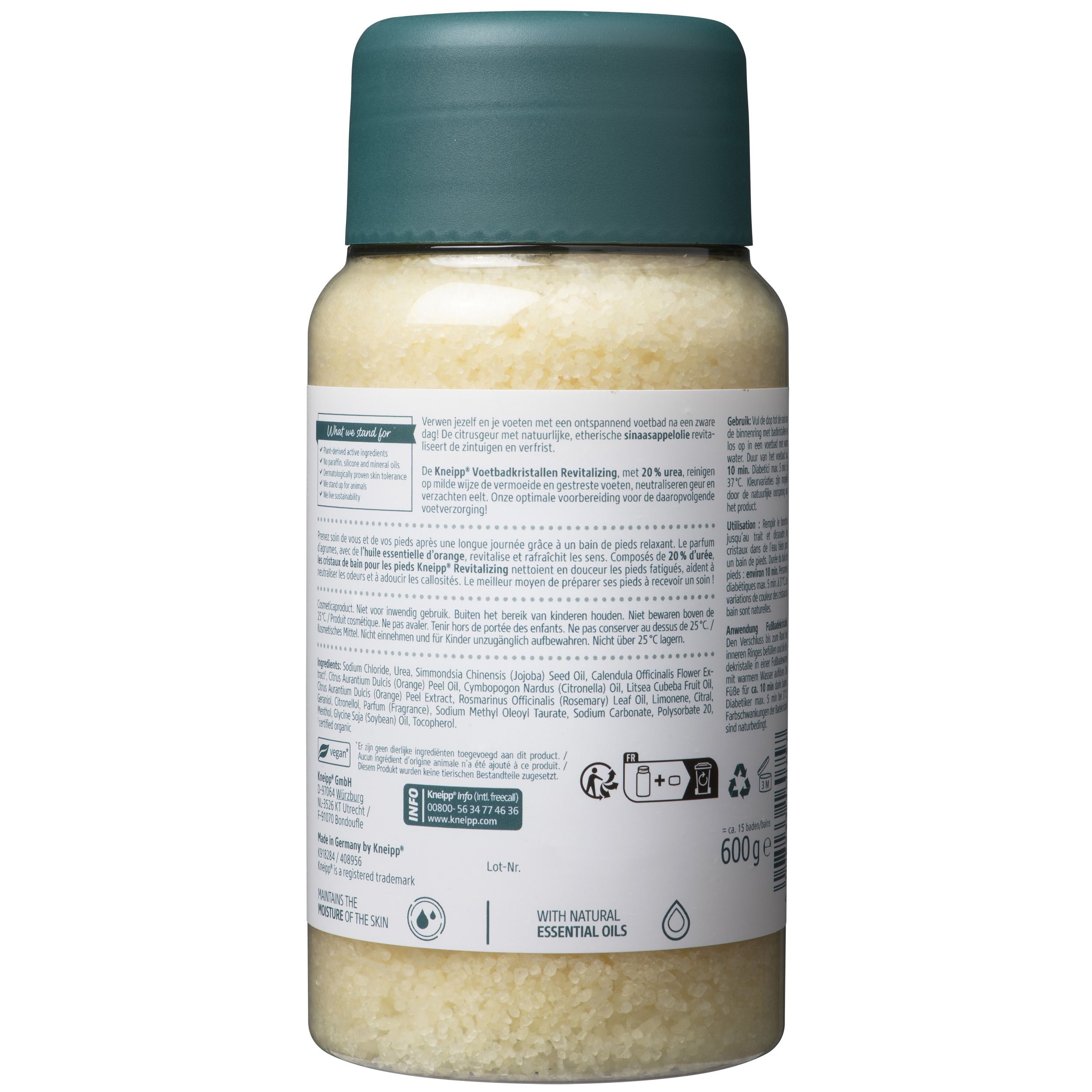 Achterkant van de Kneipp® voetbadkristallen fles. Productinformatie, ingrediënten en fabrikantgegevens. Gewicht: 600g.