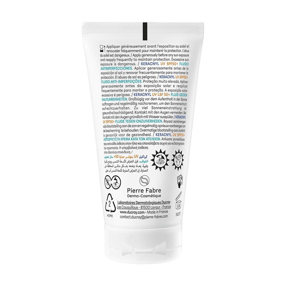 Arrière d'un tube de fluide Ducray Keracnyl UV, avec instructions d'application multilingues.