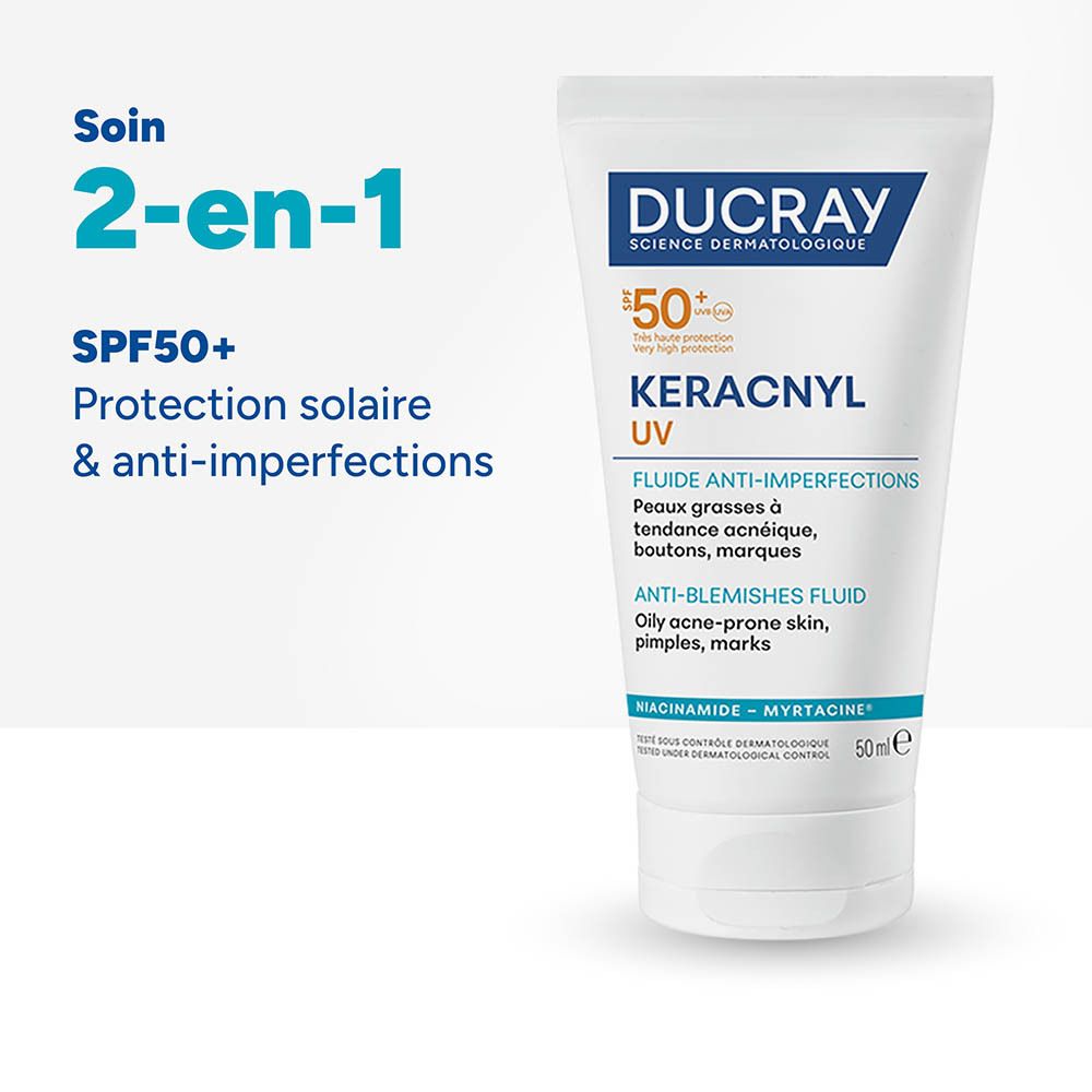 Tube blanc de fluide solaire et anti-imperfections Ducray Keracnyl UV, SPF50+.