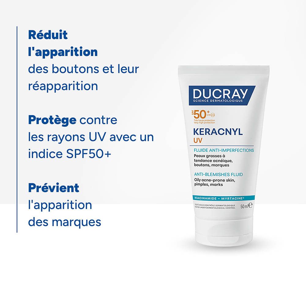 Tube fluide anti-imperfections Ducray Keracnyl UV, 50ml. Réduit les boutons et protège des UV.