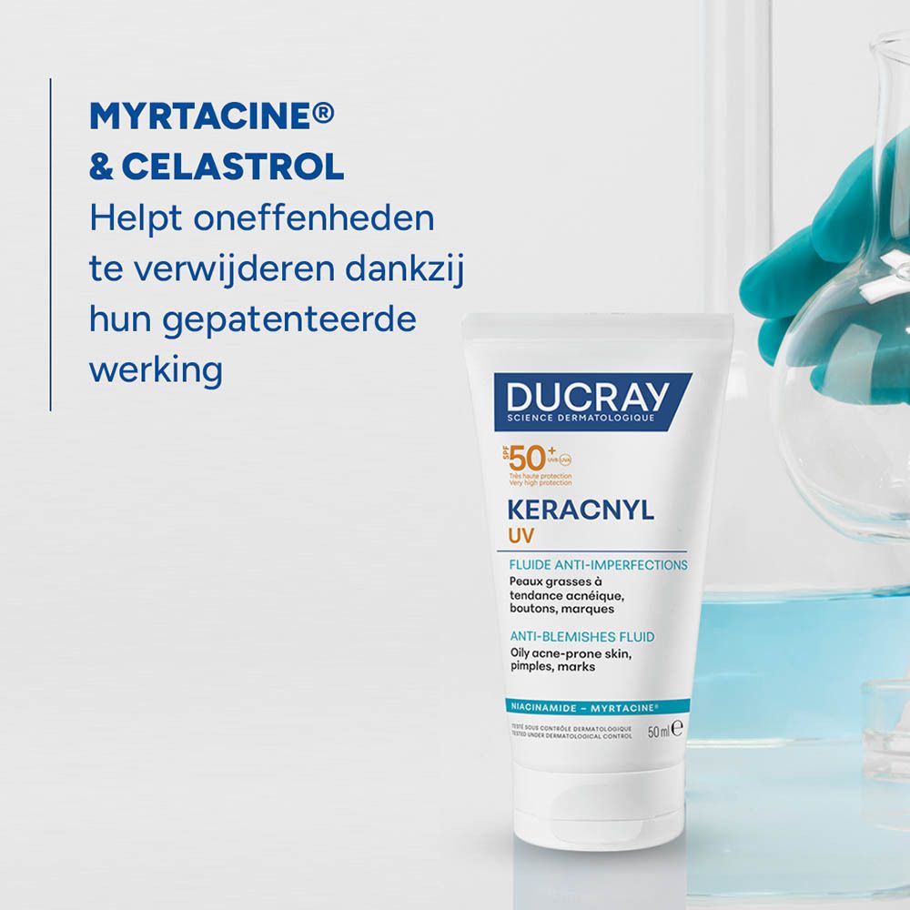 Ducray Keracnyl UV SPF 50+ anti-onzuiverhedenfluïdum in een tube.