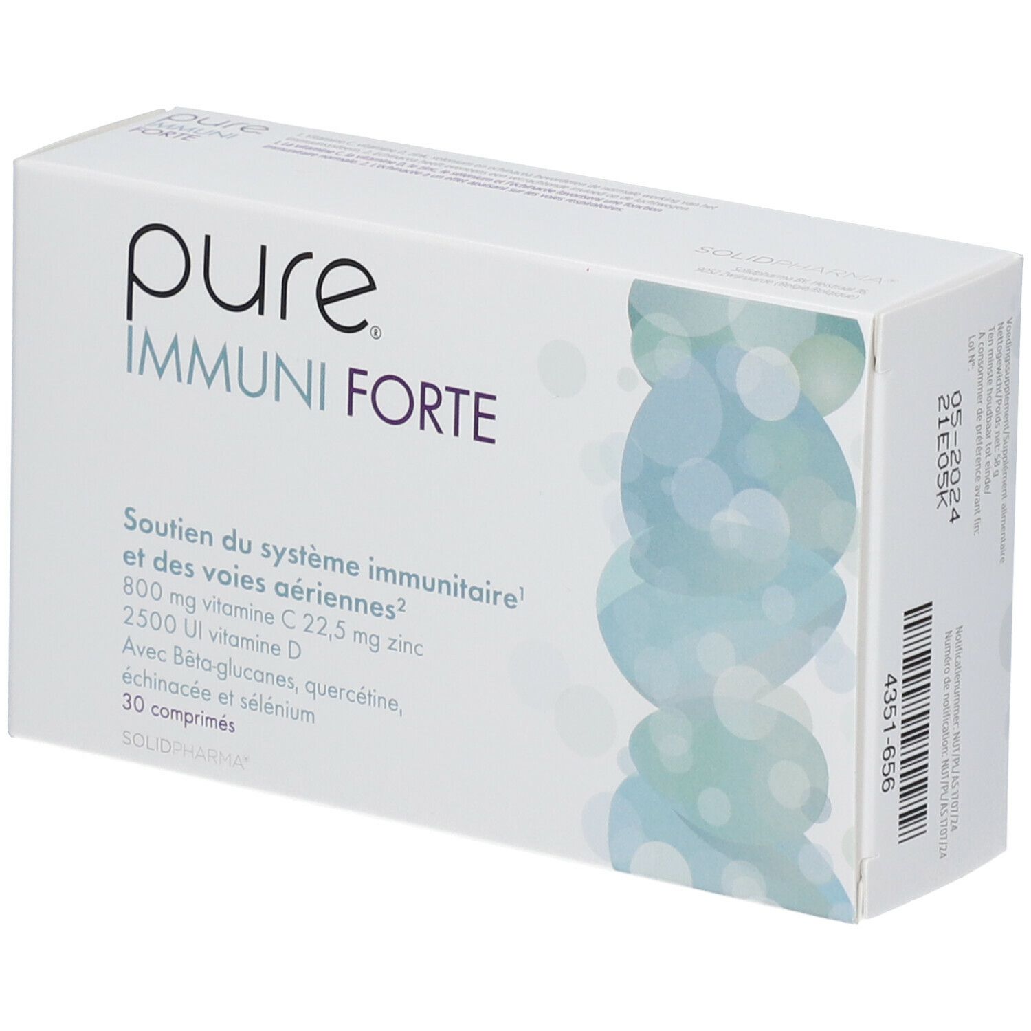 Boîte blanche "pure IMMUNI FORTE". Contient 30 comprimés. Informations sur vitamines et minéraux.