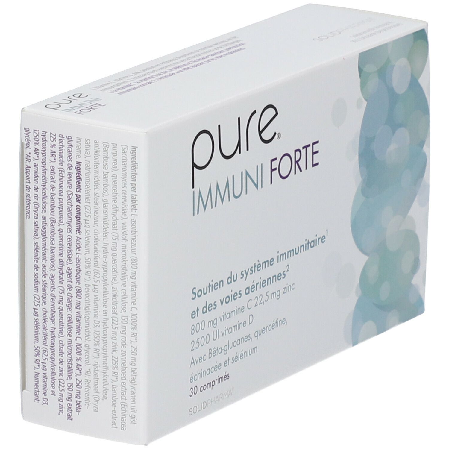 Boîte blanche "pure IMMUNI FORTE". Ingrédients et informations nutritionnelles sur le côté. 30 comprimés.