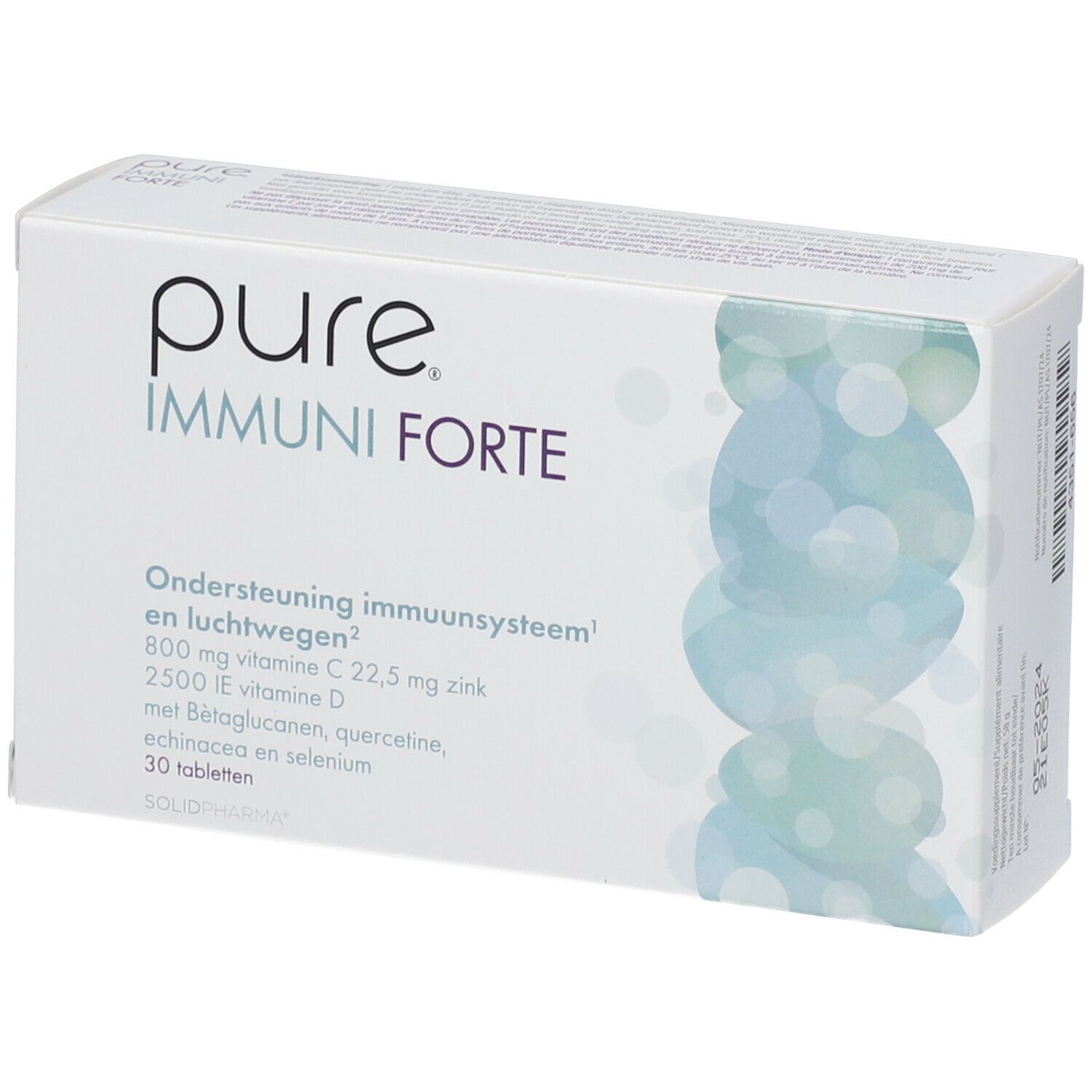 Boîte blanche "pure IMMUNI FORTE". Contient 30 comprimés. Informations sur vitamines et minéraux.