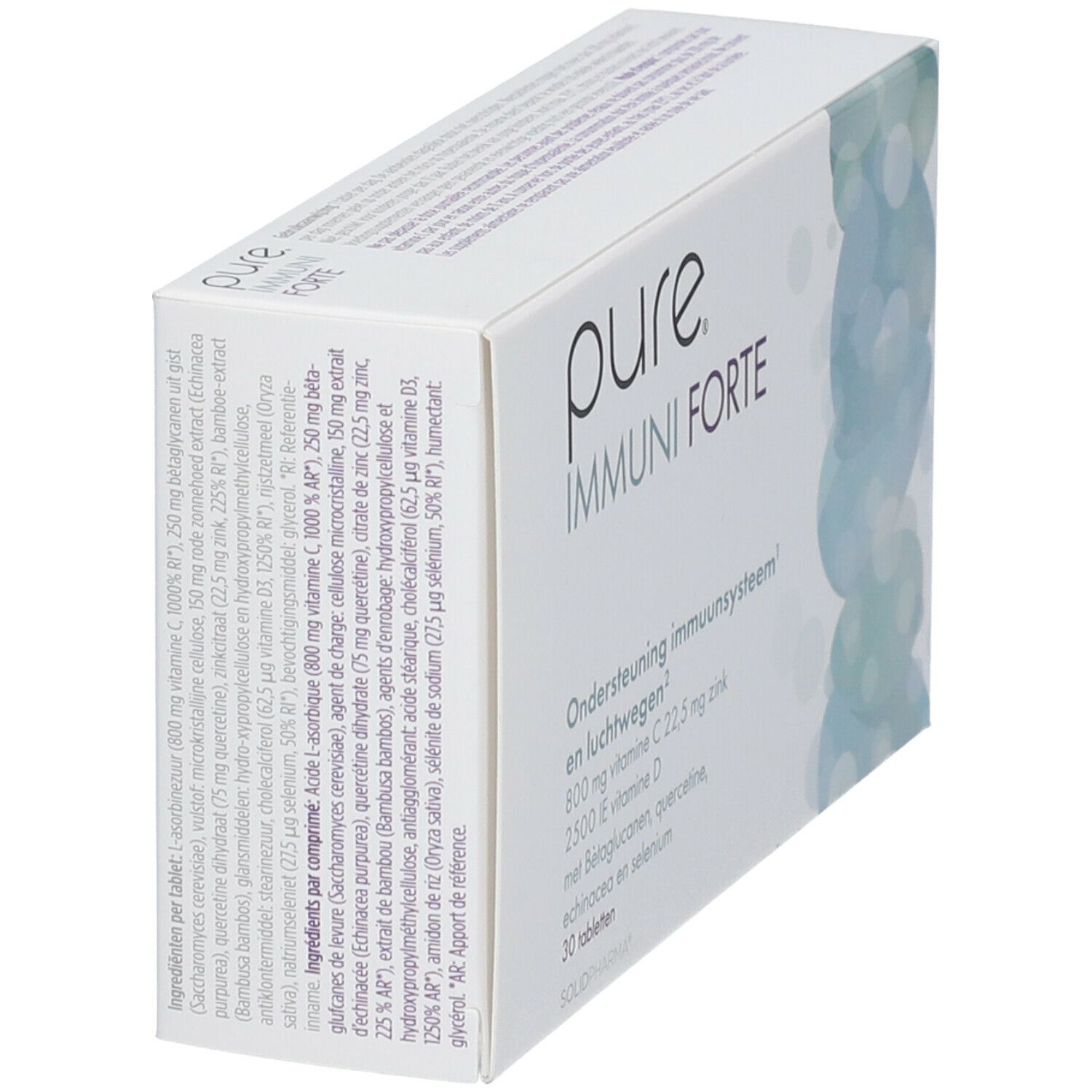 Boîte blanche "pure IMMUNI FORTE". Ingrédients et informations nutritionnelles sur le côté. 30 comprimés.
