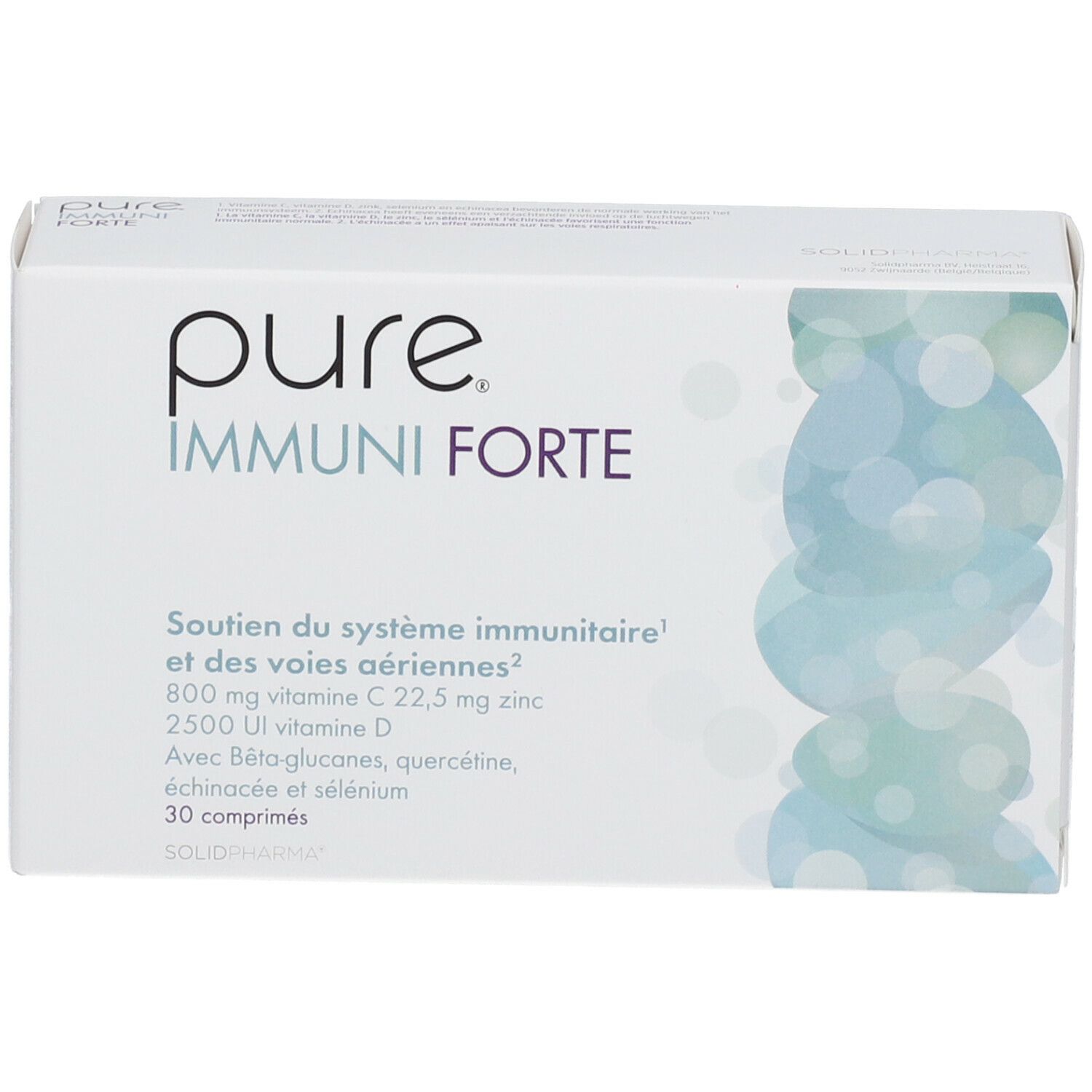 Boîte blanche "pure IMMUNI FORTE". Contient 30 comprimés. Informations sur vitamines et minéraux.