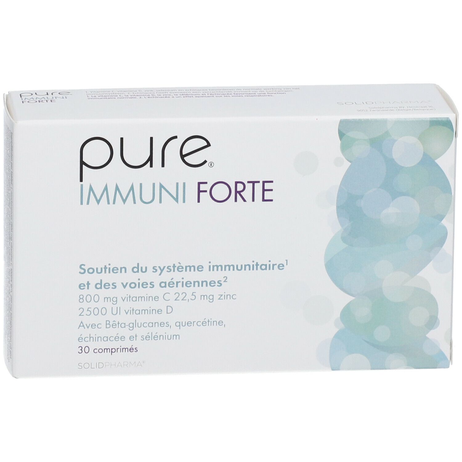 Boîte blanche "pure IMMUNI FORTE". Contient 30 comprimés. Informations sur vitamines et minéraux.