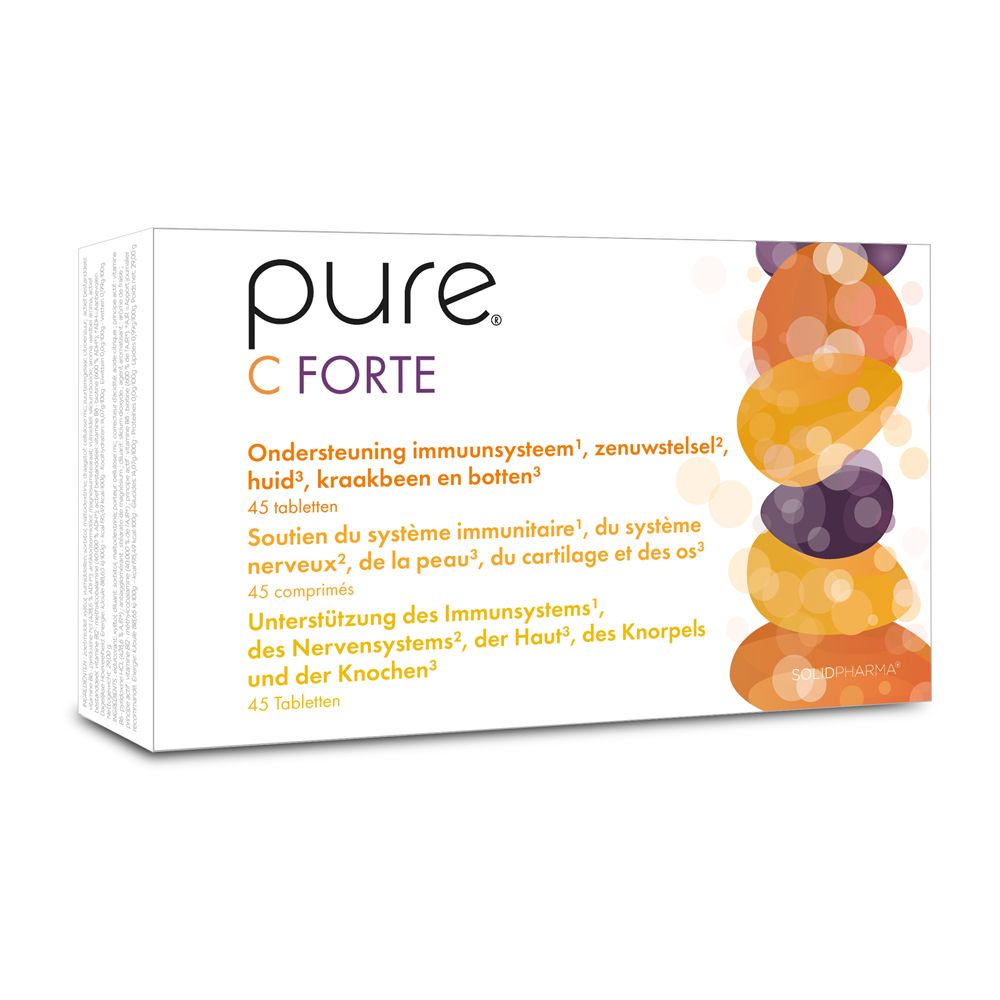 Boîte pure® C Forte. Inscription et cercles colorés. 45 comprimés.
