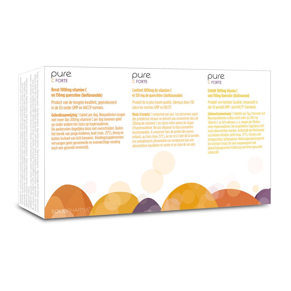 Achterkant van de doos pure® C Forte. Tekst in drie talen, gekleurde cirkels.
