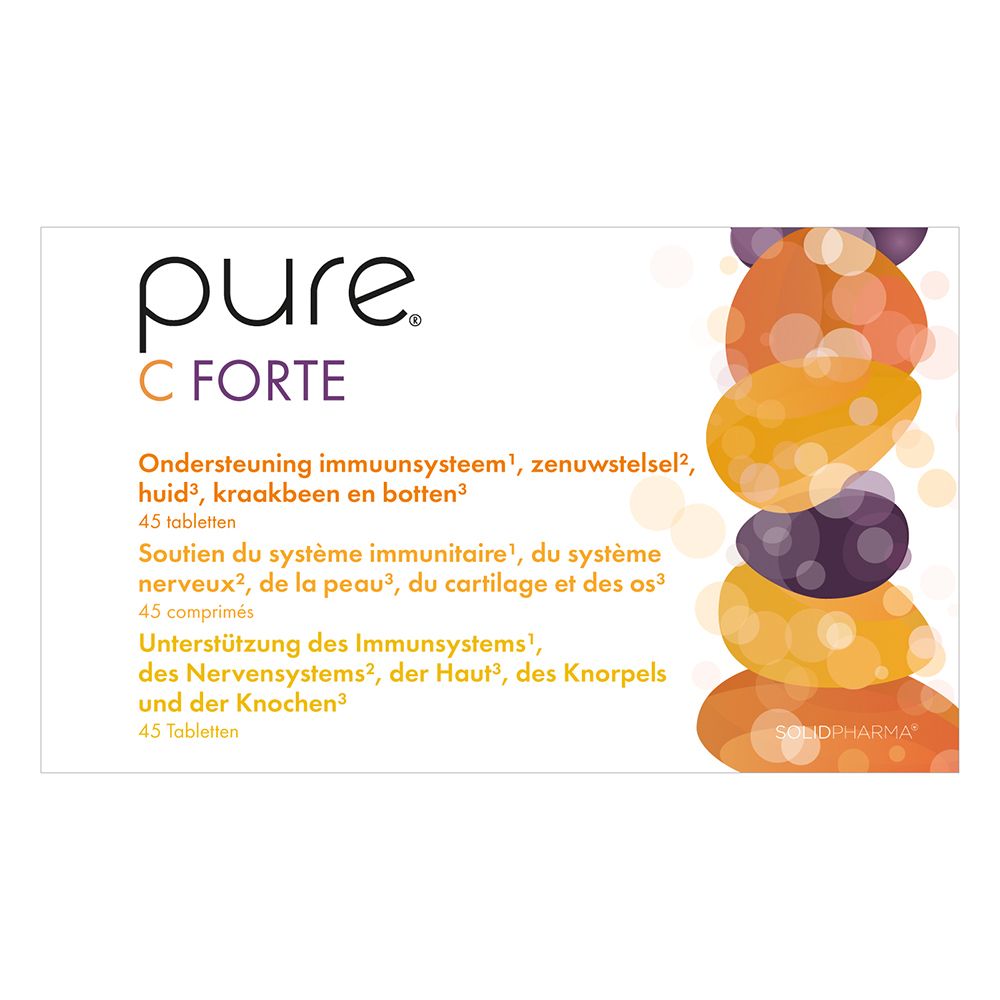 Achterkant van de doos pure® C Forte. Tekst in drie talen.