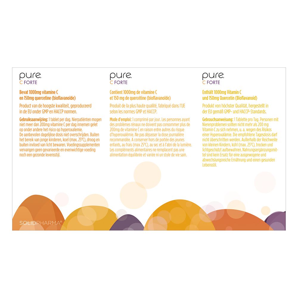 Twee dozen pure® C Forte. Tekst en pijlen. Hoge dosis vitamine C.
