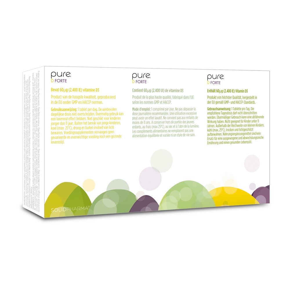 Witte doos pure D FORTE. Zijaanzicht met productinfo.