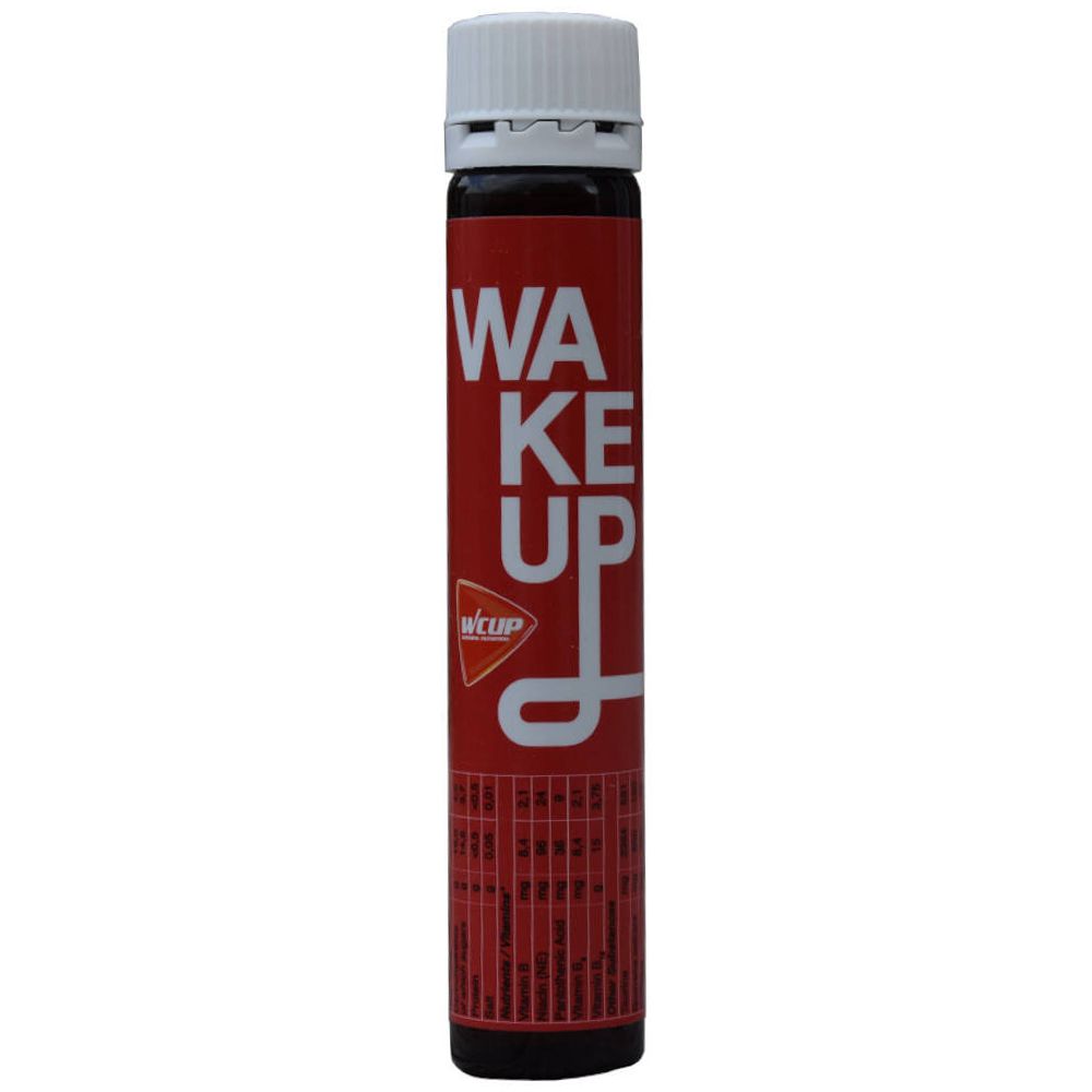 Rode fles met witte dop. Opschrift: WAKE UP. Merk: wcup.
