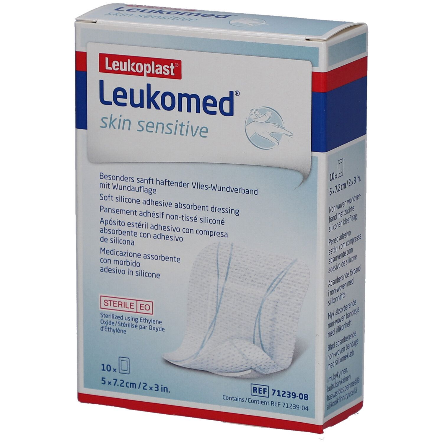 Verpakking Leukomed Skin Sensitive. Bevat 10 steriele verbanden. Afmeting: 5x7,2cm.