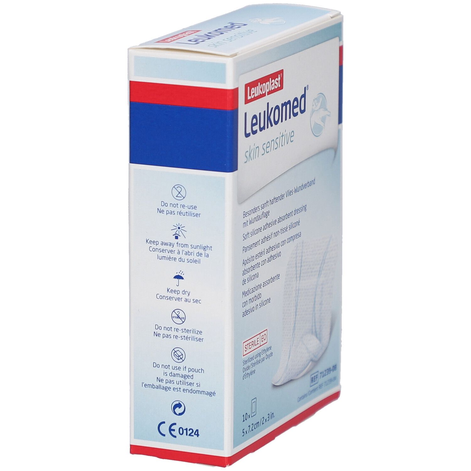 Zijaanzicht van de Leukomed Skin Sensitive verpakking. Bevat instructies voor opslag en gebruik.