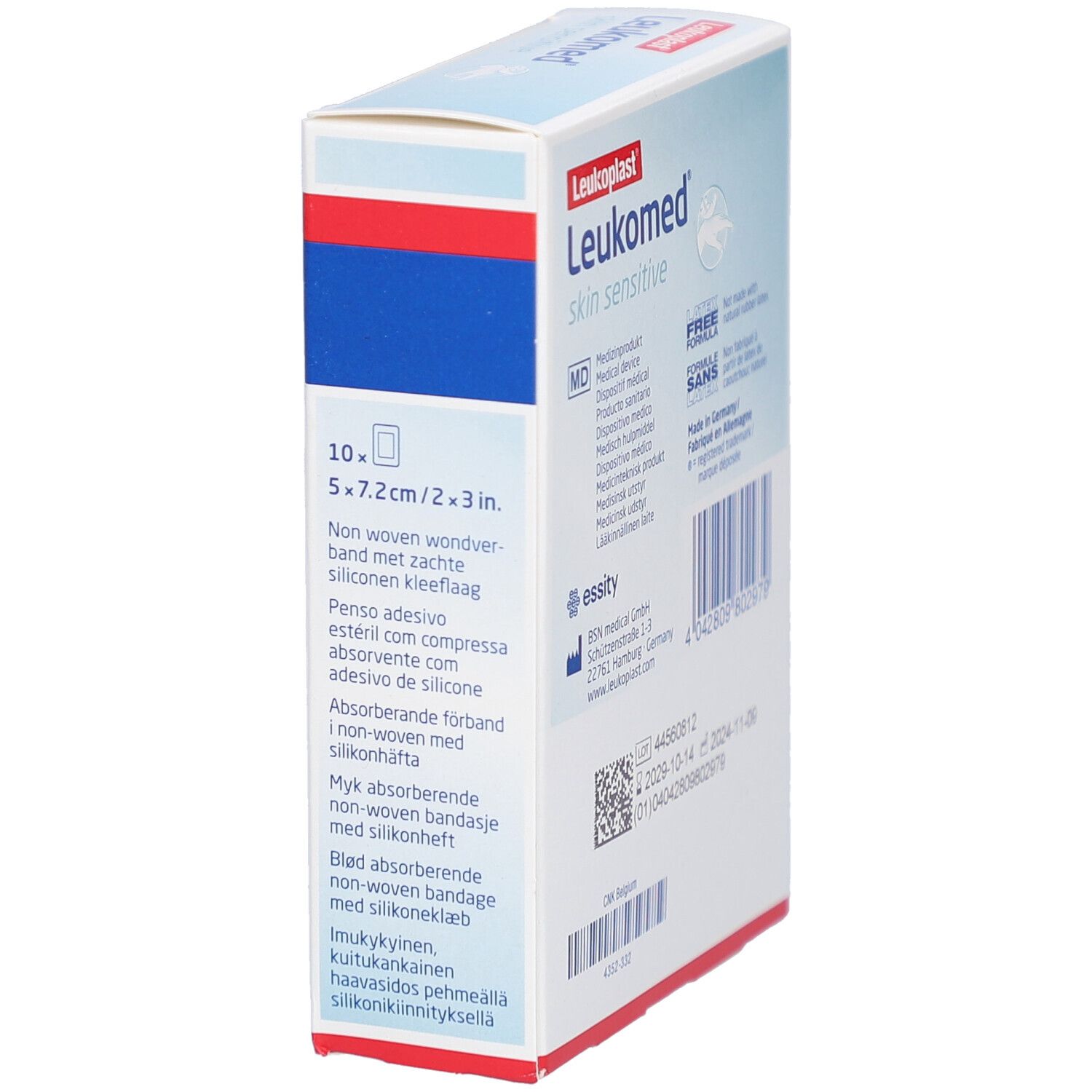 Zijaanzicht van de Leukomed Skin Sensitive verpakking. Productinformatie en fabrikantgegevens.