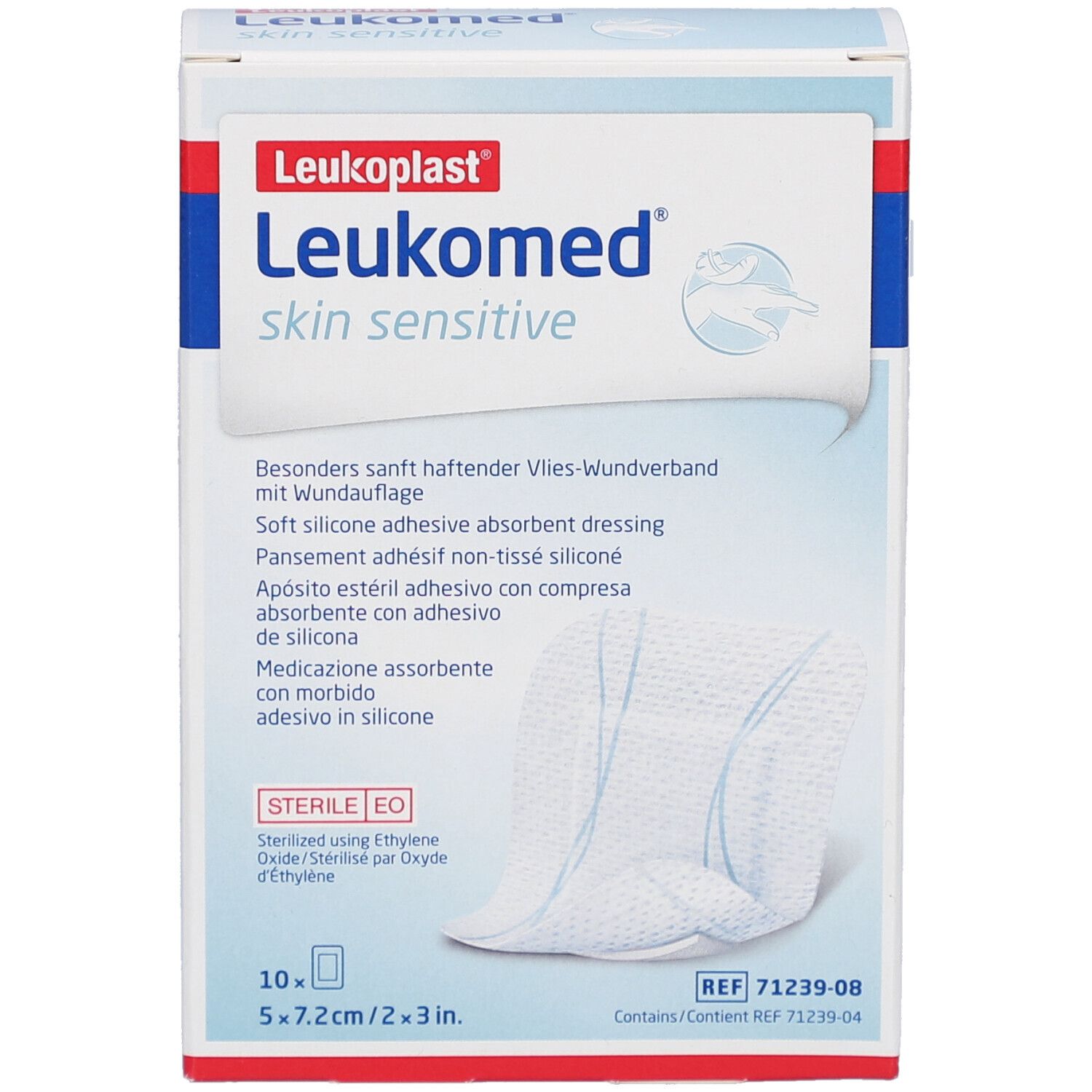 Verpakking Leukomed Skin Sensitive. Bevat 10 steriele verbanden. Afmeting: 5x7,2cm.