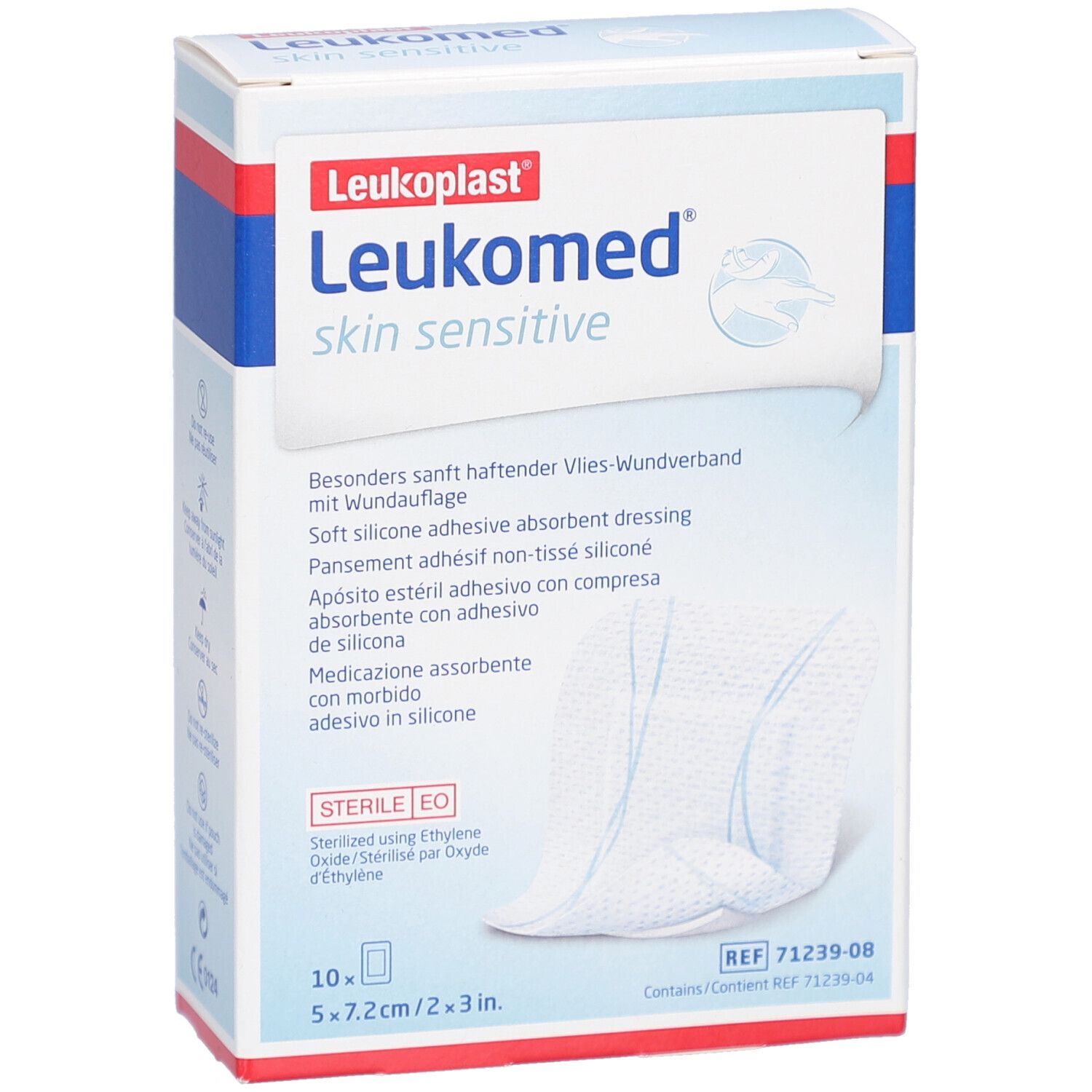 Verpakking Leukomed Skin Sensitive. Bevat 10 steriele verbanden. Afmeting: 5x7,2cm.