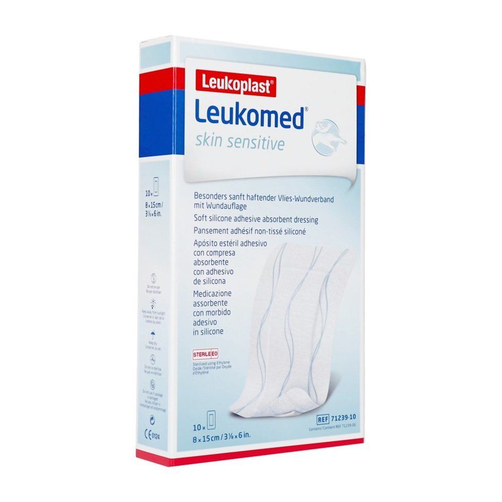 Verpakking Leukomed skin sensitive wondverzorging. 10 stuks, 8x15cm. Zachte, klevende wondverzorging met siliconen.
